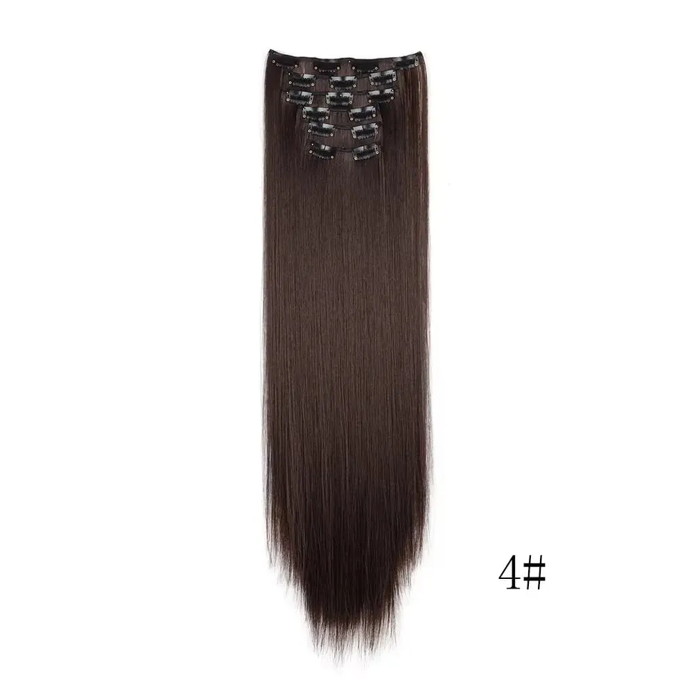 24 Inches Long Synthetic Hairpieces for Women 6Pcs Medium Brown Blonde Highlights Clip In Natural Thick DIY Styling Fiber Hair