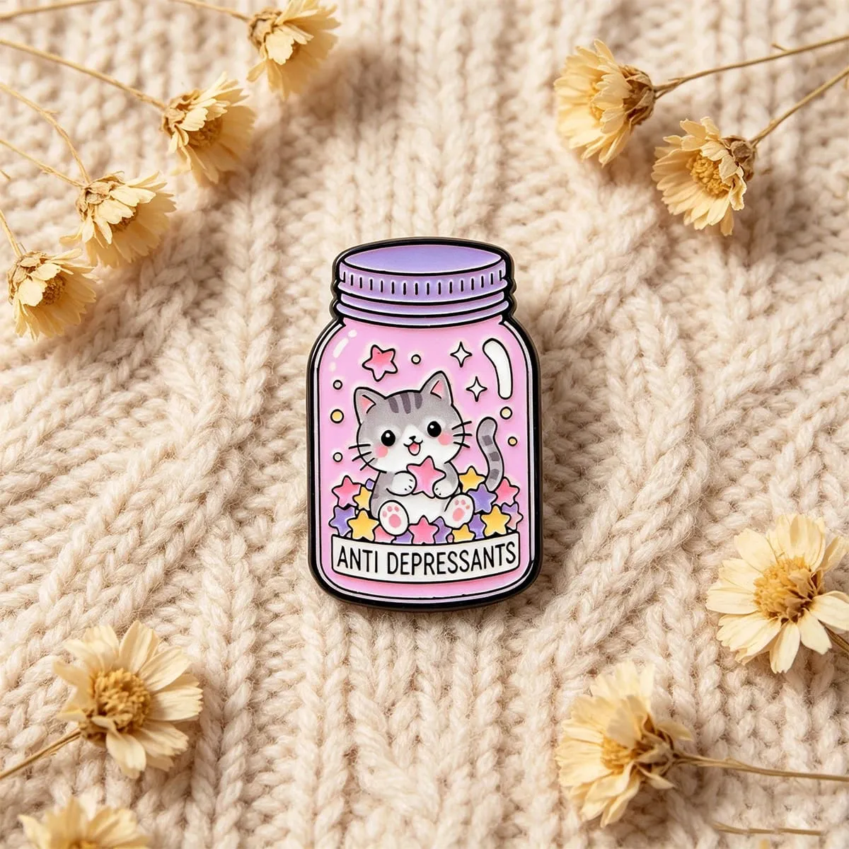Sweet Pink Cat Star Bottle Enamel Brooch ANTI DEPRESSANTS Badge Cute Animal Lapel Pin Backpack Jacket Decorative Accessory