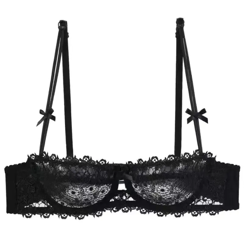 Conjunto de Sujetador de encaje Sexy para mujer, lencería erótica oculta de media Copa transparente, pezón ultrafino, ropa interior cómoda de realce, talla grande