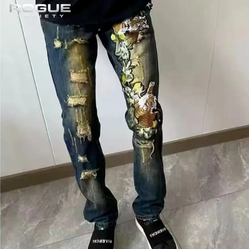 Y2K American High Street Embroidered Tiger Jeans Unisex Distressed Vintage Denim Trousers Streetwear Luxury Casual Harajuku New