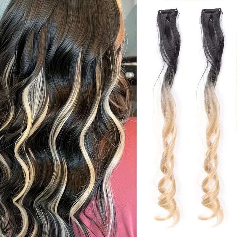 2pcs Clip-On Curly Wavy Hair Extensions Colorful Synthetic Fiber Hair Pieces For Y2K Party Women Hair Accessories
