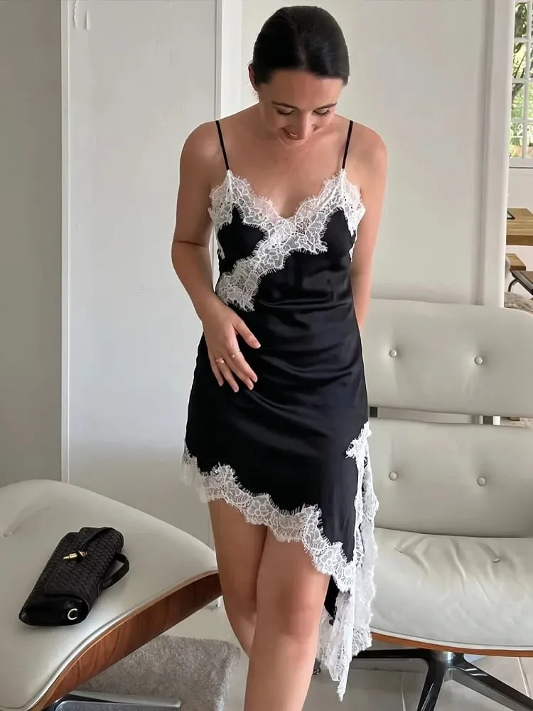 HH 2026 Female Summer Fashion Solid Lace Splicing V Neck Dresses Satin Asymmetry Hem Sexy Backless Slim Mini Dress For Party