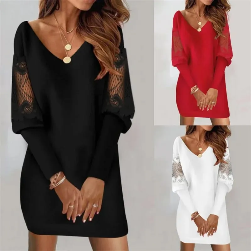 2024 Fashion Sexy V-Neck Mini Dress Vestidos Elegant Women's Autumn Winter Casual Loose Lace Long Sleeve Office Lady Dress Robe — image 6