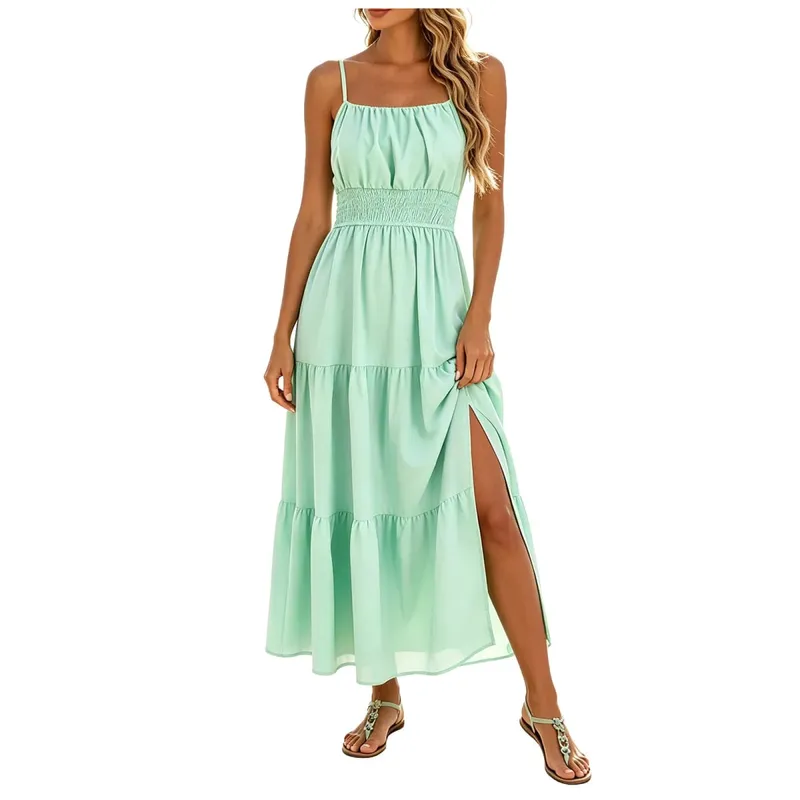 Women's Summer Chiffon Dress Elegant A-Line Double Layer Sexy Sling Dresses Summer Holiday Party Ball Gown Muer Solid Sundress