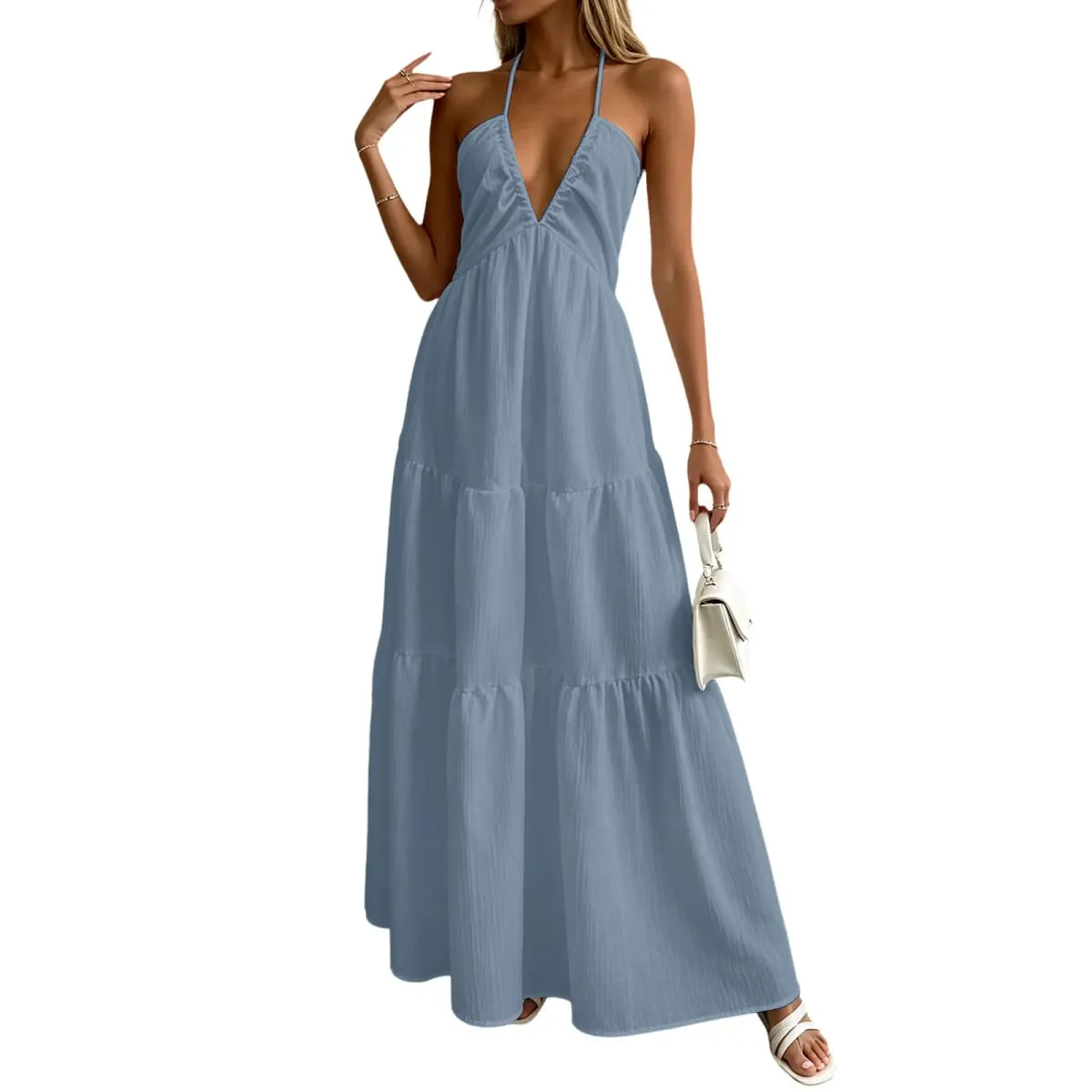 Summer Halter Neck Women's Dress Elegant Chic Wedding Party Beach Dress Backless Flowy Vacation Boho Sling Long Dresses Women