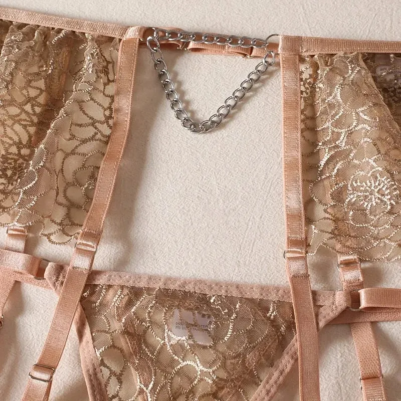 Bra + Panties + Garter + Hemline New Lace Transparent Push Up Lingerie Sets For Women Sexy Sleep Hollow Out Chain Underwear