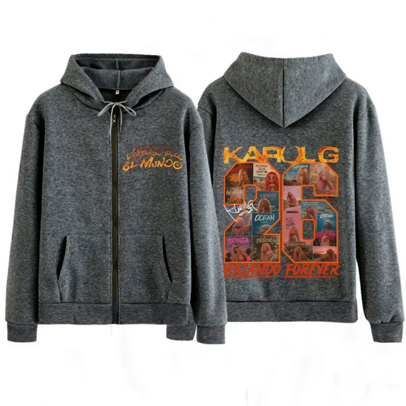 Karol G Viajando Por El Mundo Tropitour 2026 Print Zipper Hoodie Men Women Fashion Sweatshirts Casual Vintage Zip Up Jacket Coat