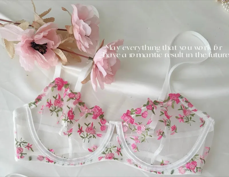 Kawaii Japanese Lingerie Set Sheer Tulle Pink Floral Embroidery Bra Bralette sek-si Pure Matching Set BANERDANNI Tushy Bras