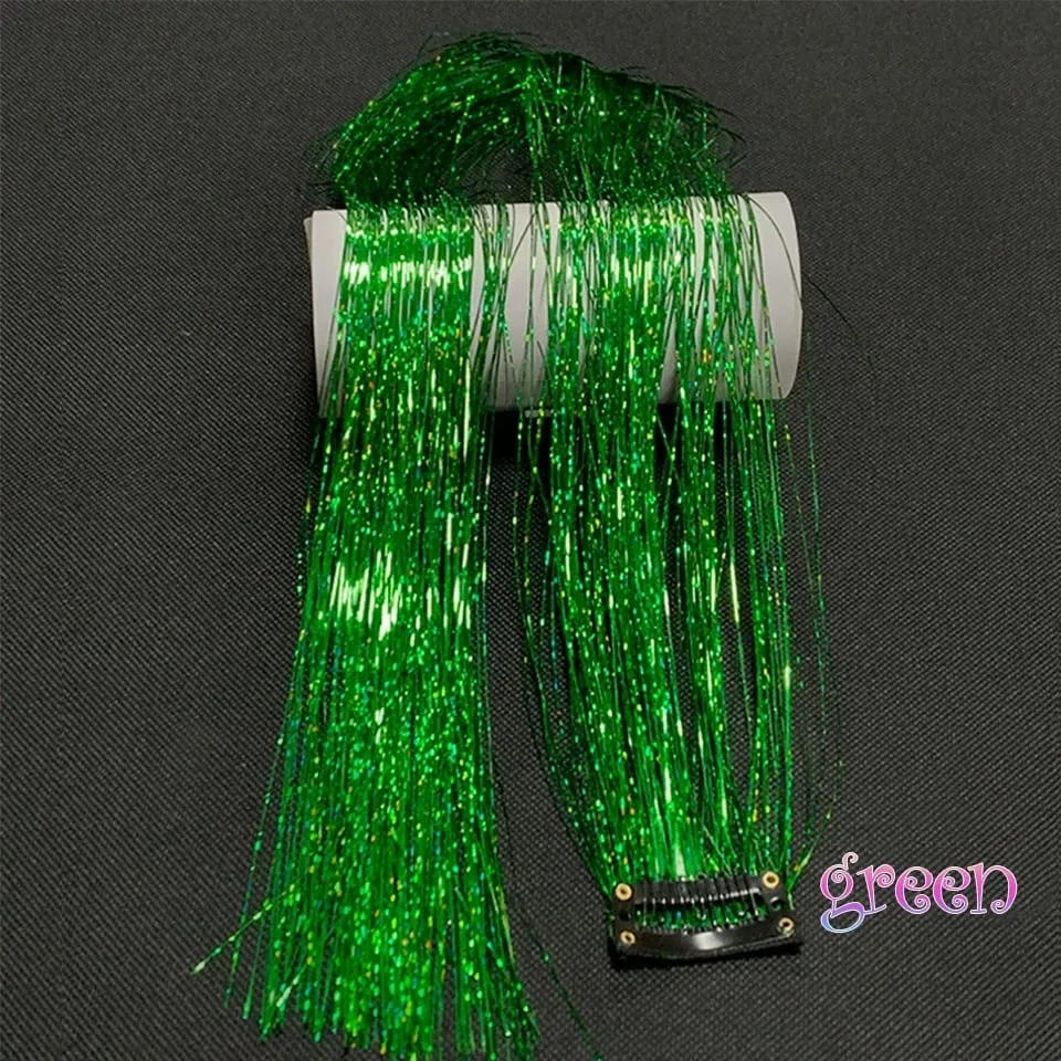 Long Straight Hair Tinsel Glitter Shiny Sparkly Synthetic Color Fresh Laser Clip in Hair Extensions Women Party Hair Accessori