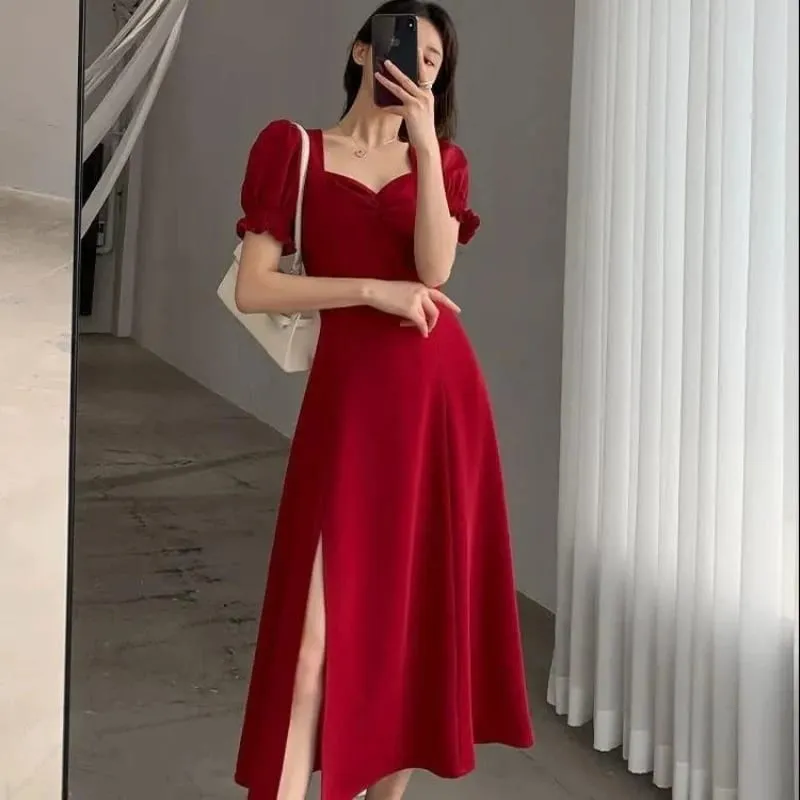Solid Puff Kortärmad Elegant Slit Klänning Nytt Mode Dam V-ringad Hela Klänningar Dam Hög Midja Smal Kvällsfest Vestidos