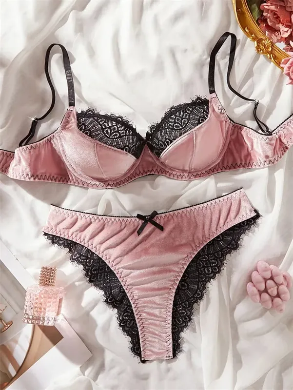 Sexy Lingerie Luxury Velevet Lingerie Set Sweet Lace Splicing Sexy Bras French Underwear Women Set Three-point Intimate Lingerie