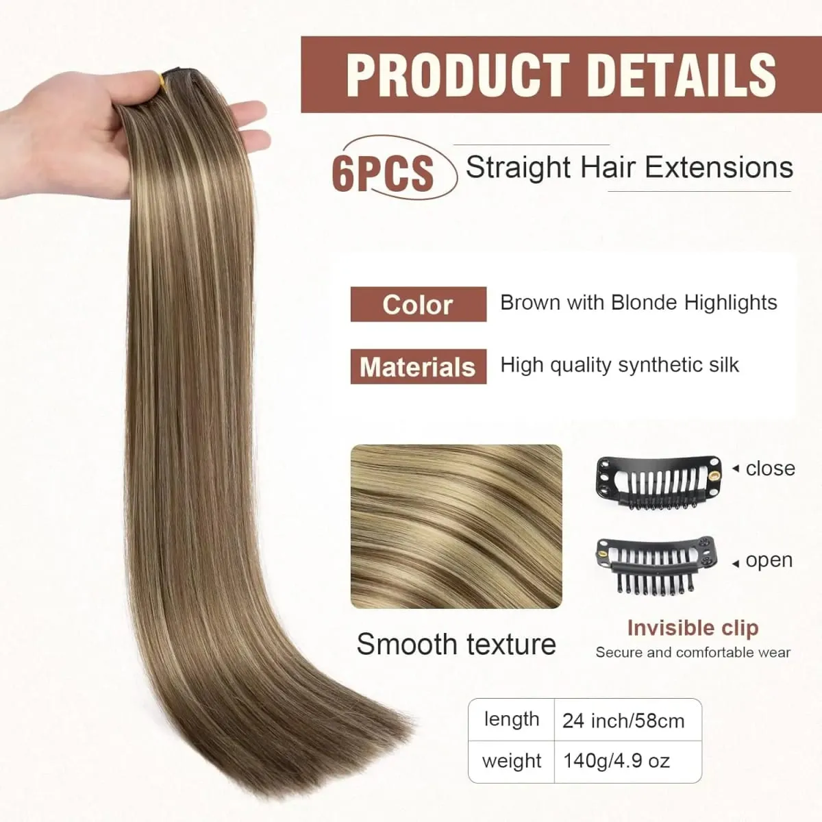24 Inch Synthetic Clips in Hair Extensions 6 Pieces/Set Long Straight Extensions for Women Hairpiece — image 4
