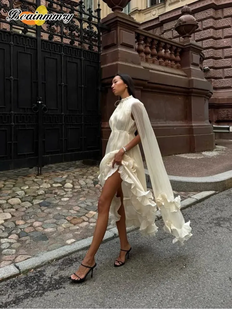 Ruffle Solid Maxi Dress Women Fashion Lapel V-neck Sleeveless Pleated High Waist Dresses 2026 Summer Lady Chic Vacation Robes
