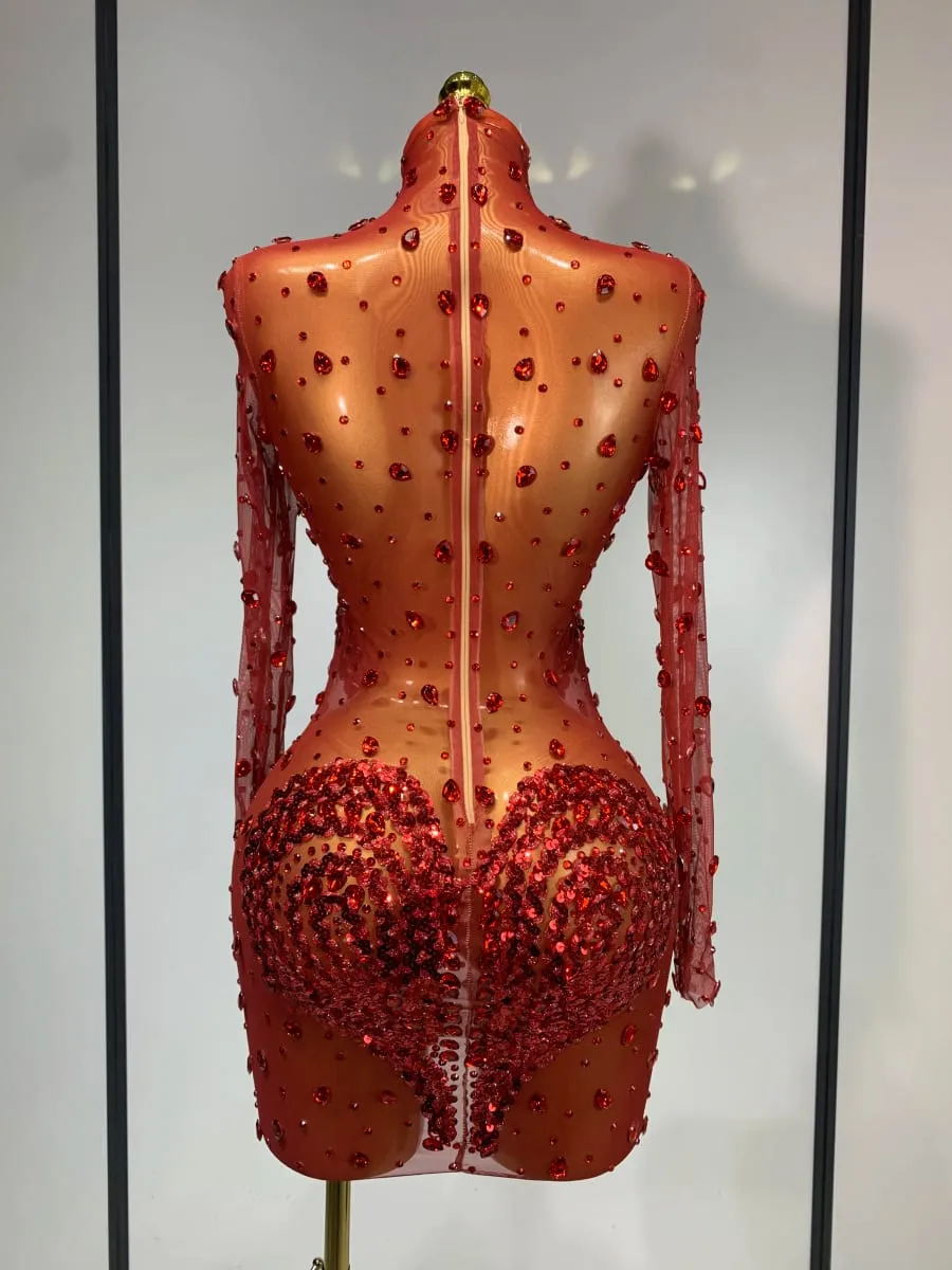 High Quality Rhinestone Sequin Sexy See Through Mesh Mini Dress Women Evening Party Nightclub Singer Stage PerformanceCostume