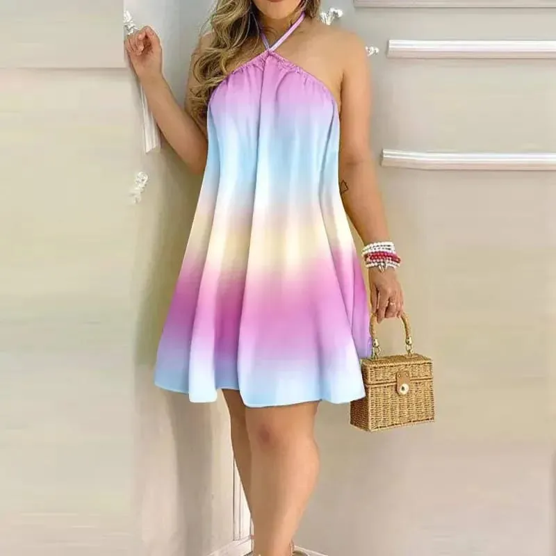Women Halter Neck Sleeveless Floral Print Loose Swing Mini Dress Casual Beach Vacation Summer Cover Up Dress