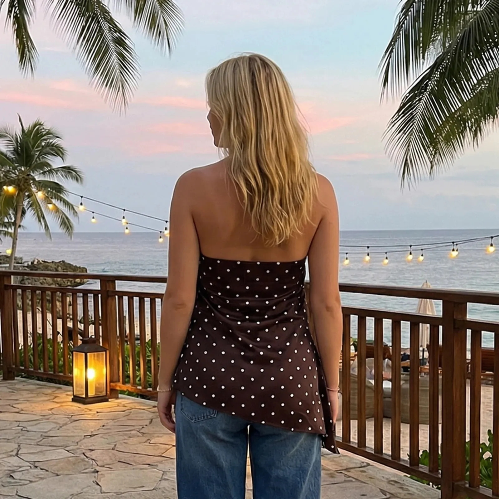 Women Summer Vintage Dot Print Asymmetric Hem Halter Neck Tanks Tops Sleeveless Backless Slim Fits Tunic T-Shirts Streetwear