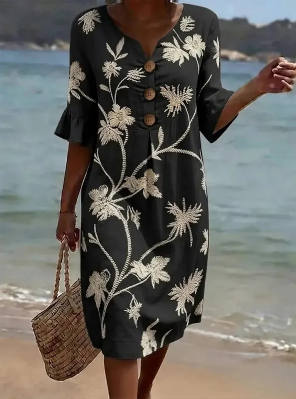 Summer Woman Dress V Neck Button Front Dresses Loose Fit Casual Dress Ruffle Sleeve Floral Dress Vine Pattern Women's Embroidery