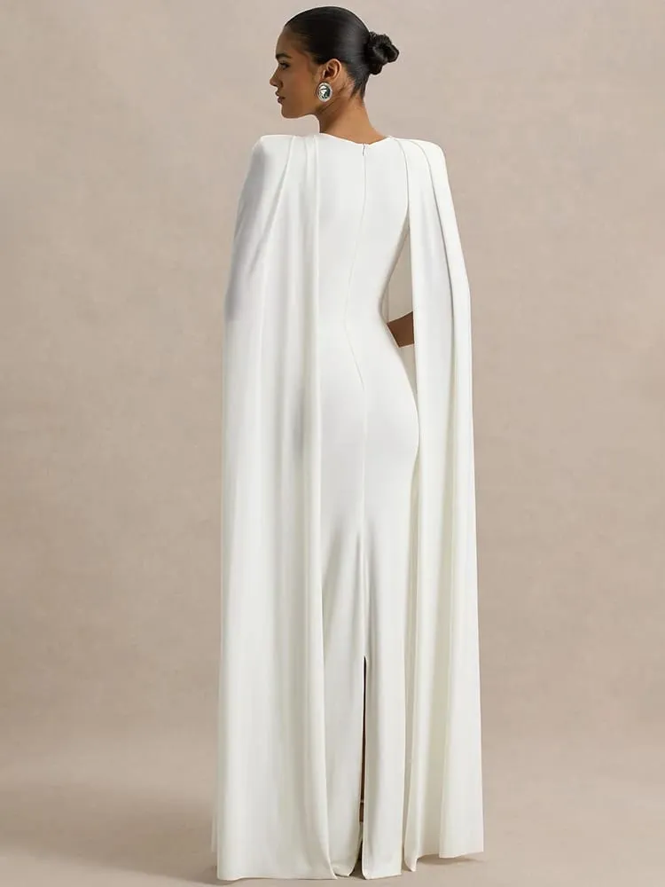 Mozision Cape Sleeve Sexy Maxi Dress Women Gown Elegant Fashion Zipper O Neck High Waist Split Club Party Long Dresses Female