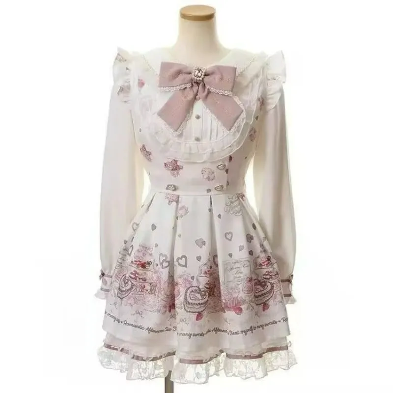 Japanese Kawaii Rhinestone Bow Dress Set Women Sweet Cute Lolita Style Lace Pearl Print Shirt Dresses Gothic Y2k Tea Party Dress