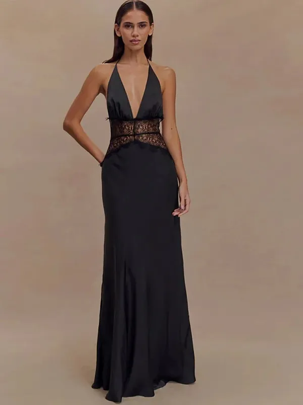 MO Patchwork Lace Print Polka Dot Halter Women Maxi Dress Sexy Backless Evening Dress Winter Skinny Elegant Party Dress