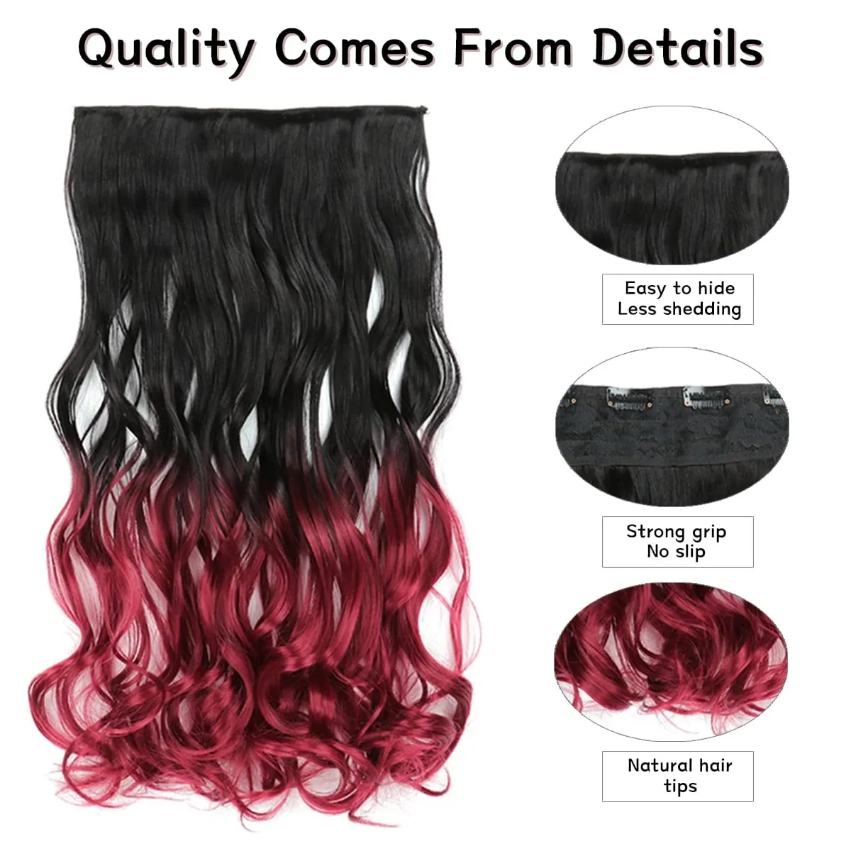 24-calowe Ombre Dip Dye Długie kręcone doczepiane włosy Dwukolorowe grube syntetyczne treski na całą głowę (od czarnego do ciemnoczerwonego)