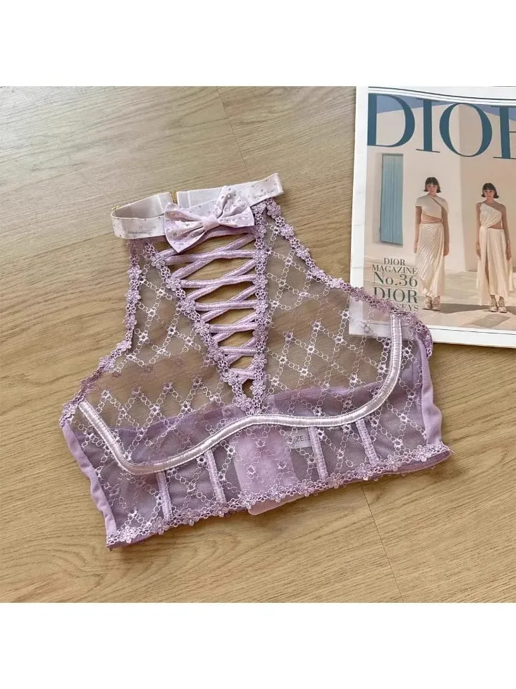 Minimizer Bra คัพใหญ่ DD+ | Sweetheart Bow Diamond Pattern Halter Top Slimชุดชั้นในบางชุดสตรีชุดชั้นในชุด — image 4