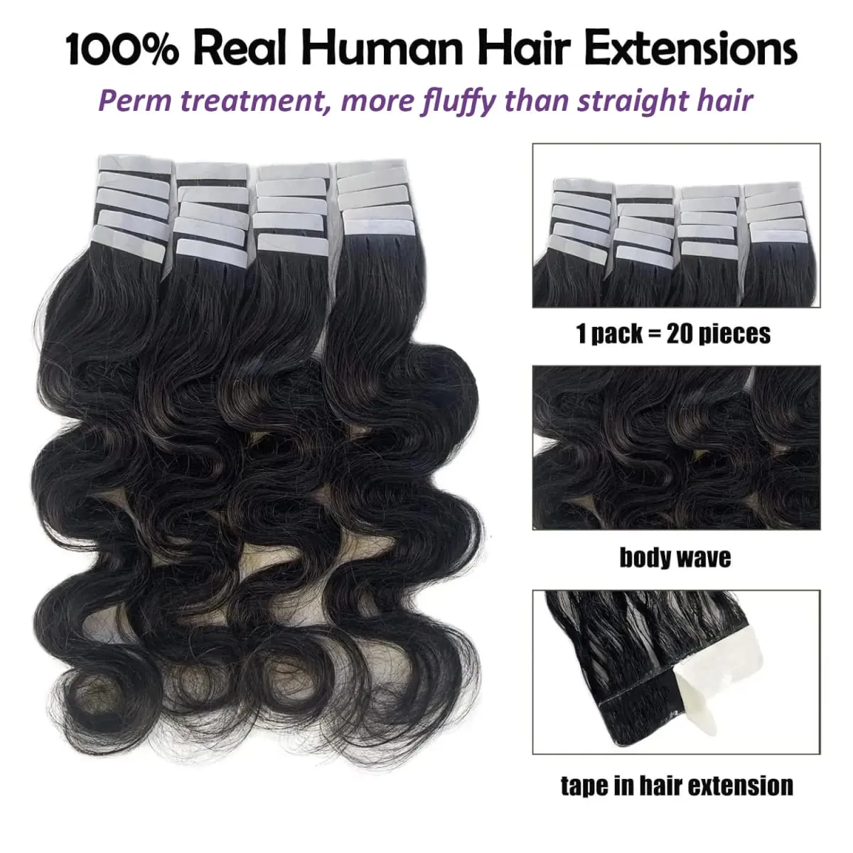Body Wave Tape In Hair Extensions Human Hair 16-26 Inch Wavy Black Tape Ins Double Sided Natural Real Virgin Hair 20Pcs 50G