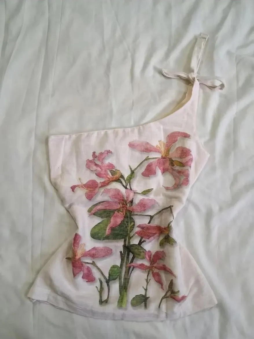 Women Vintage Pink Floral Print One Shoulder Cami Top Tie Strap Slim Flared Hem Cottagecore Boho Summer Sleeveless Casual Blouse