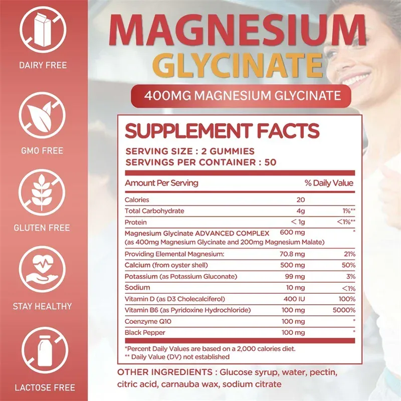 Magnesium Glycinate Gummies - Brain Health Strengthen Muscles and Bones Improve Sleep Relax Nerves