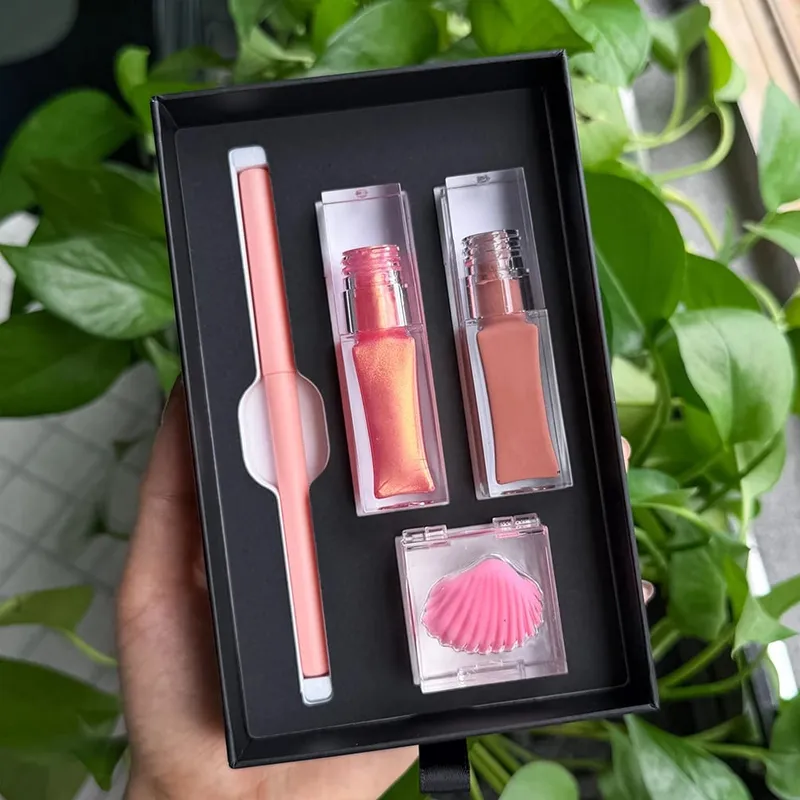 4 Buah/Kit Makeup Vegan Lip Gloss Matte Lipstik Lip Liner Masker Bibir Set Label Pribadi Logo Kustom Grosir