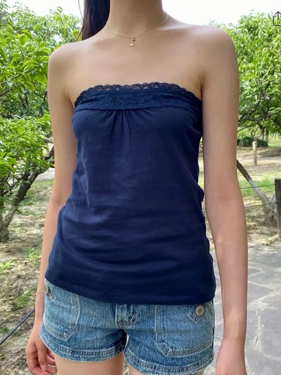 Lace Trim Strapless Tops Women Cotton Soft Slim White Sexy Sleeveless Camisole Sweet Cute Chic Tank Tops Y2K — image 28