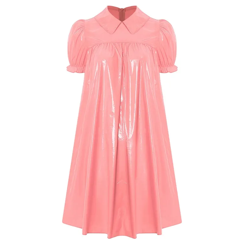 Women Waterproof Vinyl Regency Dress Victorian Party Sleep Dress Puff Short Sleeve Empire Waist Lapel Dress Nightgown Rave Party
