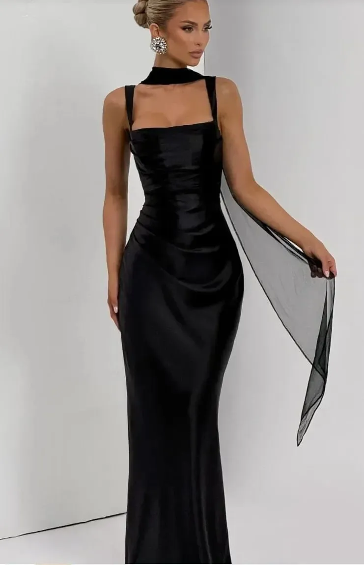 Elegant Scarf Collar Sling Women Summer Dress Solid Sleeveless Off-shoulder Slim Maxi Dresses 2026 Lady Chic Evening Party Gown