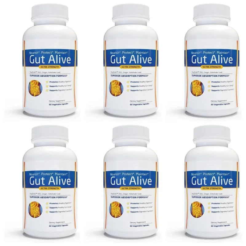 Gut Alive - All Natural Support to Fight IBS Heartburn Acid Indigestion Acid Reflux Bloating & Gas Unique Formulation 60 Count