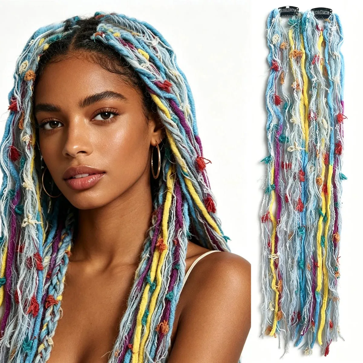 Synthetic 2Pcs Wool Yarn Dreadlock Clip Hair Extensions Maillard Long Boho Tassel Colored Vintage Braids Hair For Woman