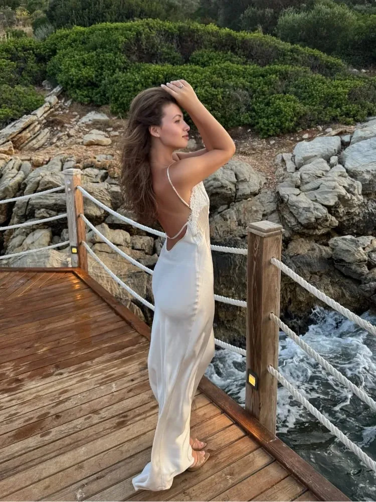 Women Sexy V-neck Satin Sling Maxi Dress Chic White Lace Patchwork Sleeveless Backless Slim Gowns Summer Evening Party Dresses