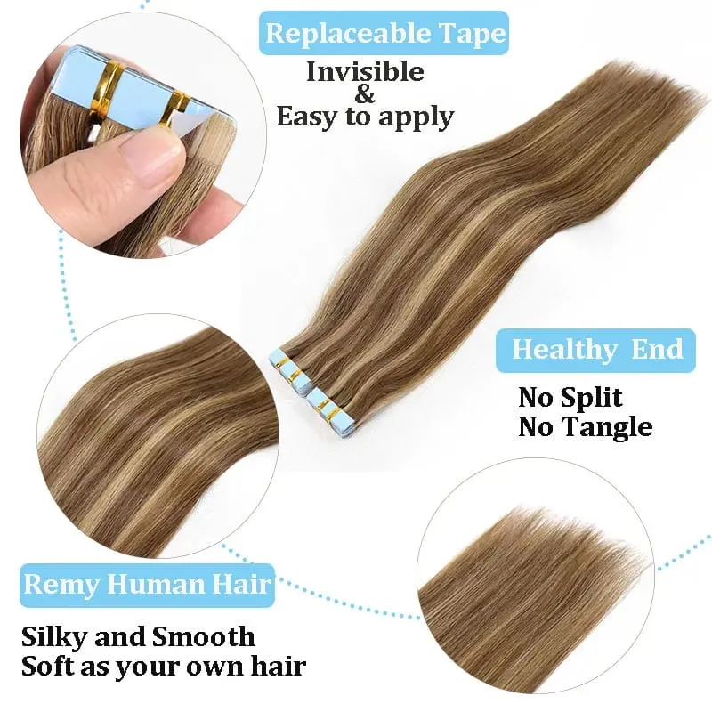 Blonde Highlight Tape In Human Hair Extensions For Women 20Inch Ash Brown Invisible Straight Hair Tape In Extensions 20Pcs/Pack