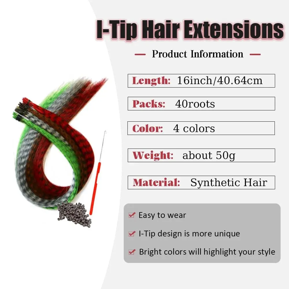 16''4 mixed-color I-TIP Sweet-Cool Hot Style Y2K MillenniumHot Girl Neon Leopard Print Colorful Feather synthetic hair extension