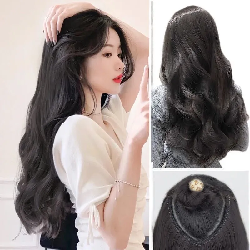 22Inch Synthetic Long Curly Hair Extension 4 Clips V-shape Natural Brown Black Hairpiece for Women