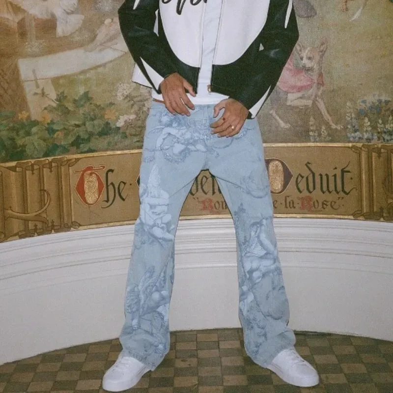 Y2K Fashion Denim Pants Art Classic Pattern Colossal Angel Jeans Retro Gothic Hip Hop Harajuku Streetwear Men Women Baggy Pants