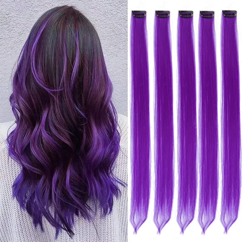5 Pieces of Colorful Hair Clips 24 Inch Long Straight Fake Hair Clips Combined for Christmas Fashion Wig Pieces