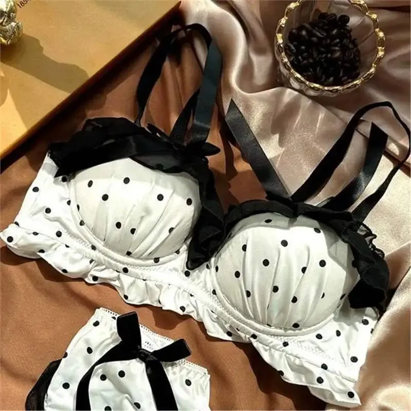 Sexy Lace Polka Dot Thin Bra Set Small Chest Gathered Collection of Accessory Breasts Comfortable Underwire Underwear Set