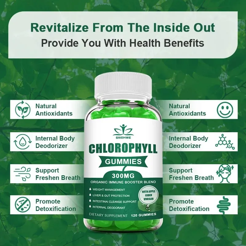 Chlorophyll Gummies-with ACV Vitamin D3 C E B12 -Natural Deodorant Energy Boost Immune&Digestion Support Vegan 60 Candies