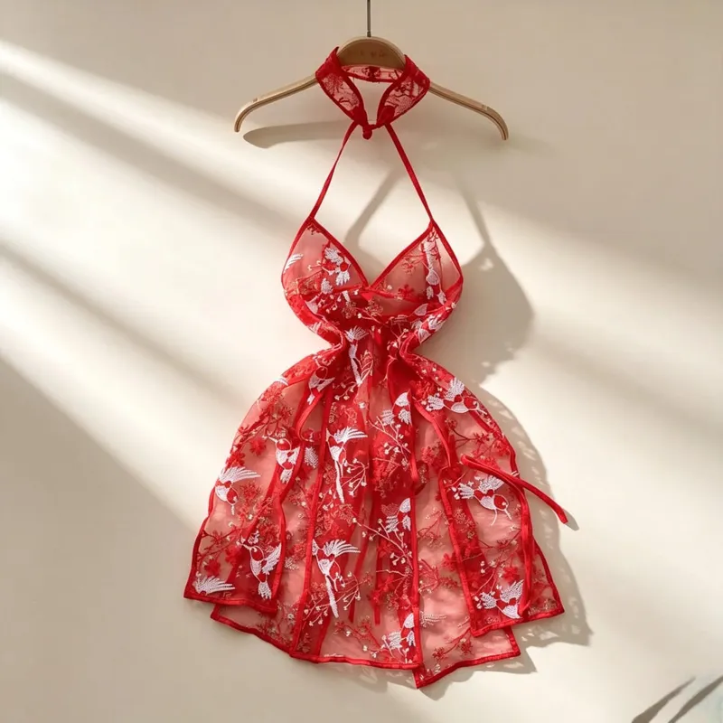 Women Sensual Lace Dress Women V-Neck Open crotch Slim Comfortable Dress Fashion Breathable Sheer Mesh Short Dress New