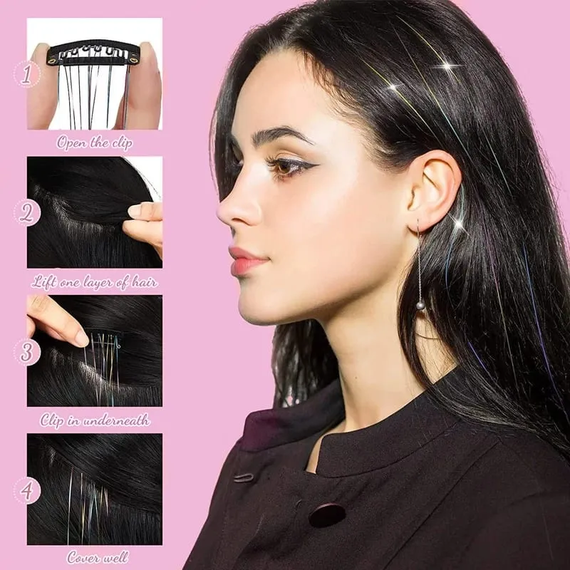 12 Uds. Extensiones de cabello de oropel con Clip morado, Kit de oropel para el cabello de colores, accesorios destacados para el cabello para mujeres y niños