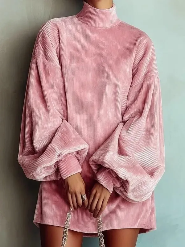 Women Corduroy Turtleneck Mini Dress Oversized Elegant Loose Lantern Sleeve Casual Dresses Autumn Winter Streetwear Short Dress — image 5