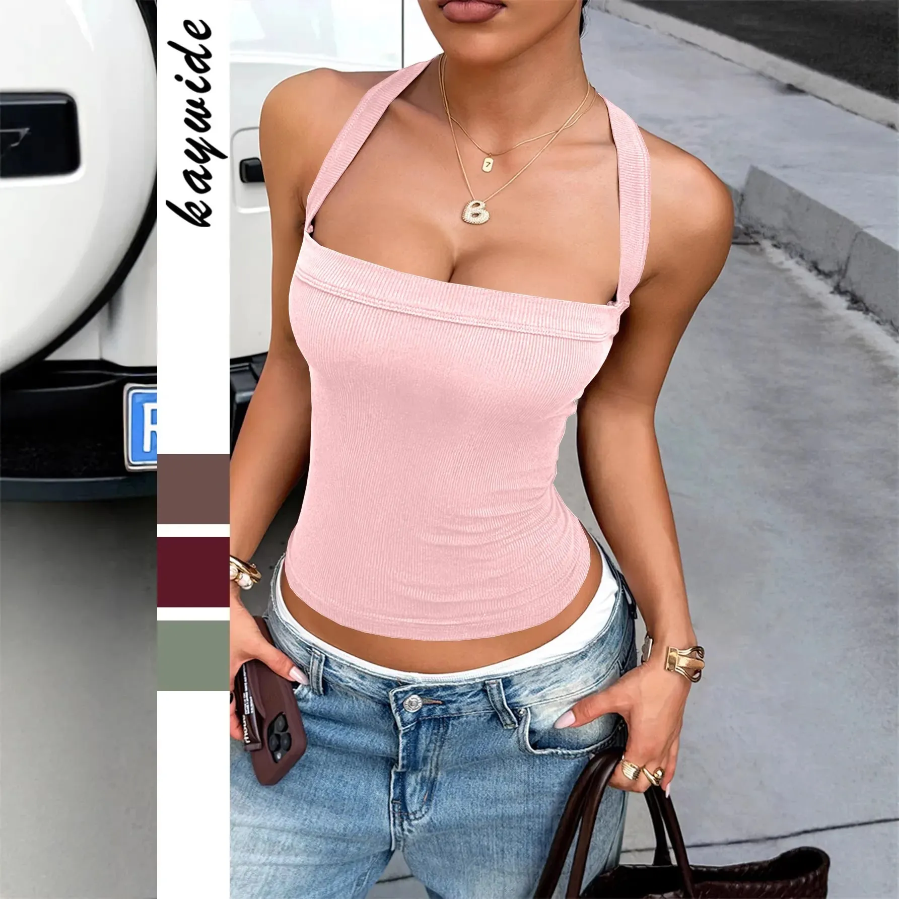 Women Ribbed Knit Camis Top Square Neck Wide Strap Cross Shoulder Strap Slim Fit Crop Tank Top Y2K Streetwear Sporty Daily Vest