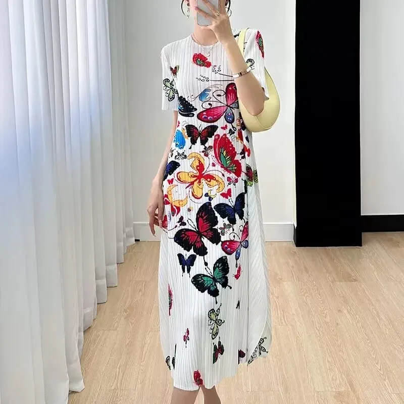 Miyake長洋裝百褶晚禮服印花女夏季百褶百搭時尚輕奢優雅名媛風洋裝