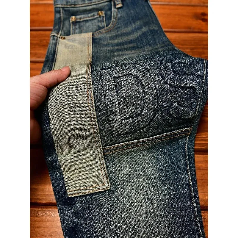 Fashionable high-end jeans for men slim fit small feet washed retro patchwork design trendy and luxurious men's pants