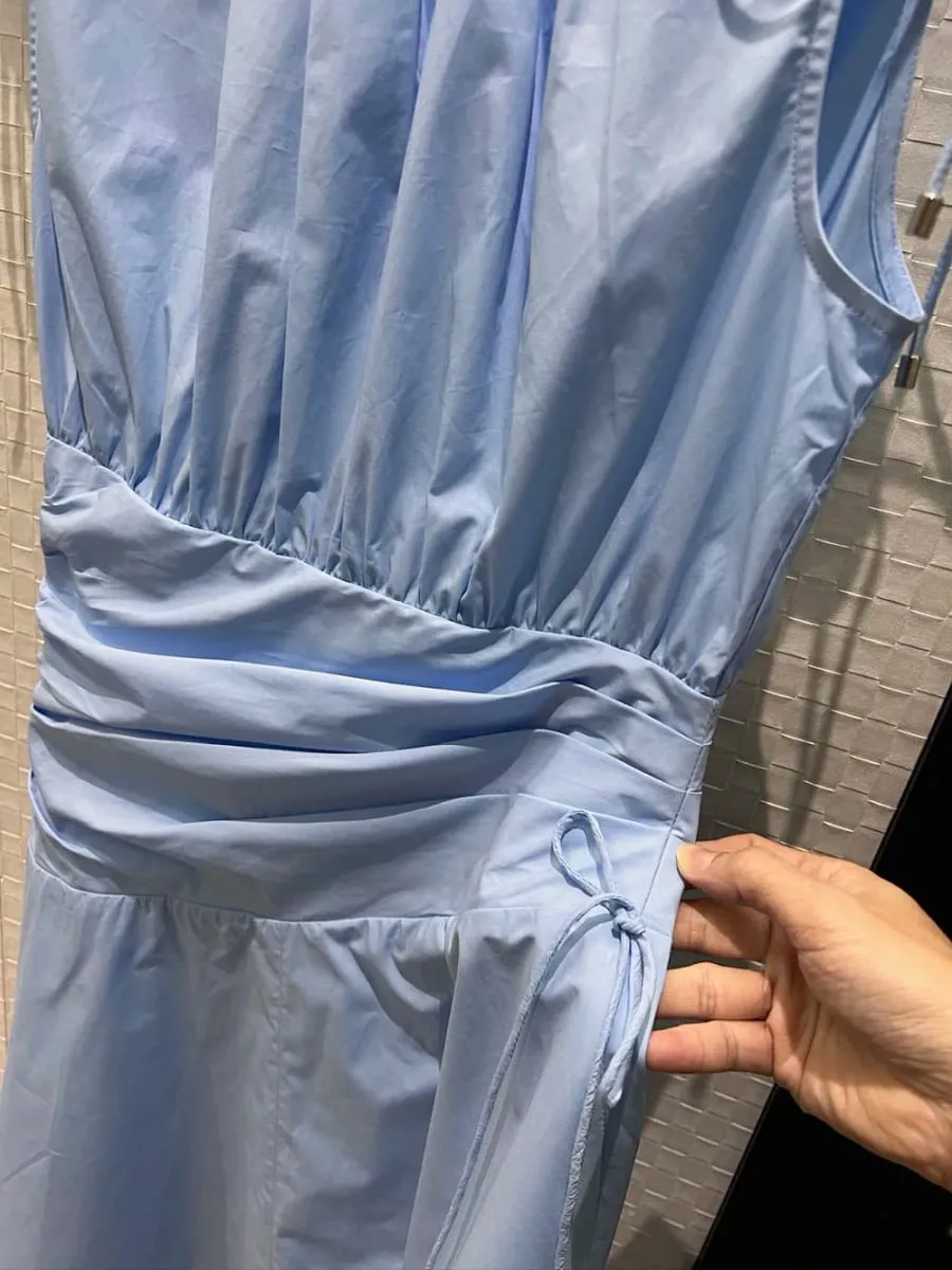 New 2026 spring summer women drawstrings stand collar cotton dresses sleeveless folds irregular dress